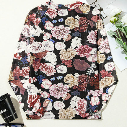 Womens Floral Mesh Long Sleeve Tops Sheer Sexy See Through Mock Neck Tee Shirts