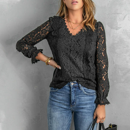 Womens V Neck Tops Mesh Long Sleeve T Shirts Lace Floral Elegant Blouse