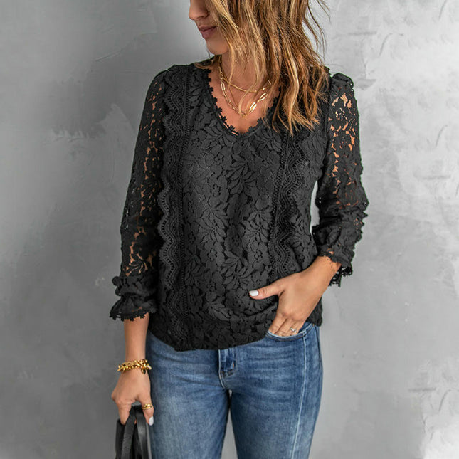 Womens V Neck Tops Mesh Long Sleeve T Shirts Lace Floral Elegant Blouse