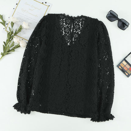 Womens V Neck Tops Mesh Long Sleeve T Shirts Lace Floral Elegant Blouse