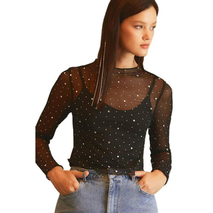 Women Mesh Sheer Mesh Tops Long Sleeve Rhinestone Mock Neck Blouses See Through Tee