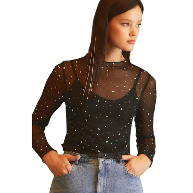 Women Mesh Sheer Mesh Tops Long Sleeve Rhinestone Mock Neck Blouses See Through Tee