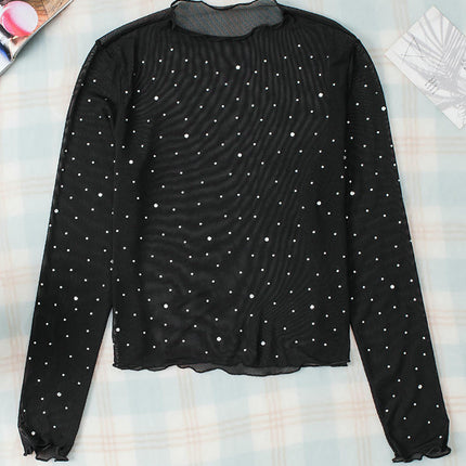 Women Mesh Sheer Mesh Tops Long Sleeve Rhinestone Mock Neck Blouses See Through Tee