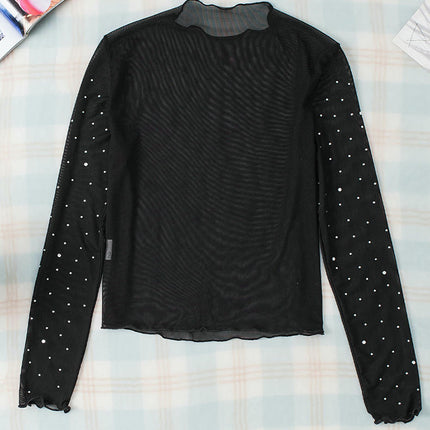 Women Mesh Sheer Mesh Tops Long Sleeve Rhinestone Mock Neck Blouses See Through Tee