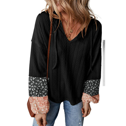 Women Floral Patchwork T-Shirt V Neck Long Sleeve Loose Casual Top