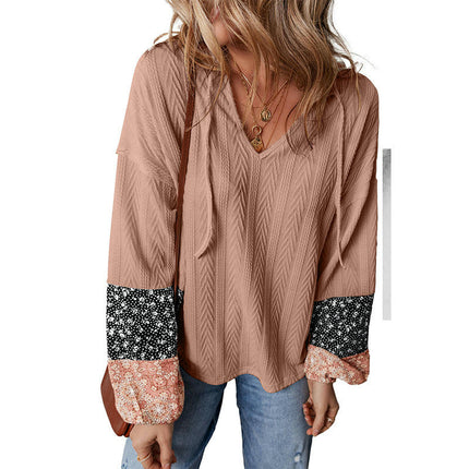 Women Floral Patchwork T-Shirt V Neck Long Sleeve Loose Casual Top