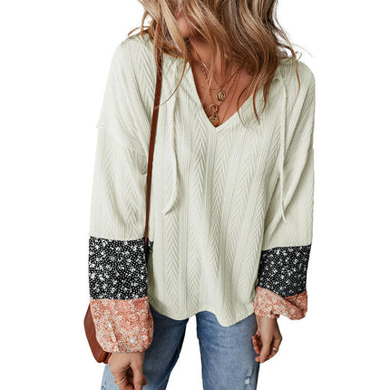 Women Floral Patchwork T-Shirt V Neck Long Sleeve Loose Casual Top