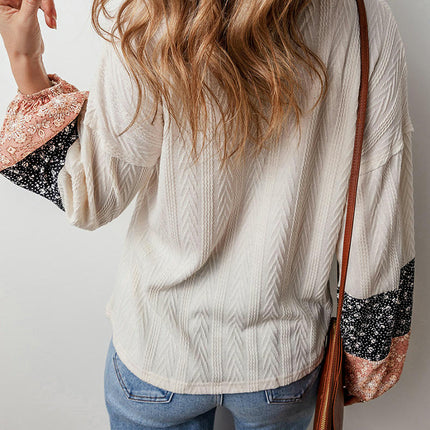 Women Floral Patchwork T-Shirt V Neck Long Sleeve Loose Casual Top