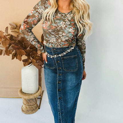 Womens Crewneck Long Sleeve Tops Casual Floral Print Slim Fit Tshirts