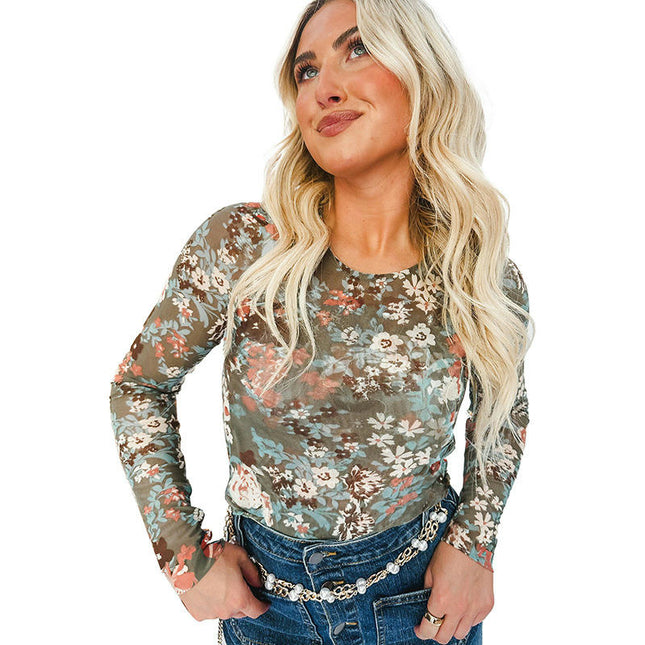 Womens Crewneck Long Sleeve Tops Casual Floral Print Slim Fit Tshirts