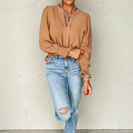 Womens Long Sleeve T Shirts Puff Sleeve V Neck Loose Fit Blouses Tops