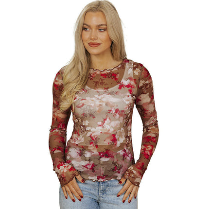 Womens Long Sleeve Floral Mesh Top Crew Neck Sheer Blouse See Through Shirt