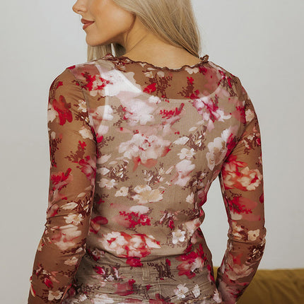 Womens Long Sleeve Floral Mesh Top Crew Neck Sheer Blouse See Through Shirt