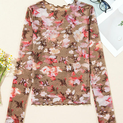 Womens Long Sleeve Floral Mesh Top Crew Neck Sheer Blouse See Through Shirt