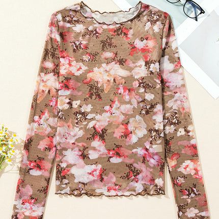 Womens Long Sleeve Floral Mesh Top Crew Neck Sheer Blouse See Through Shirt