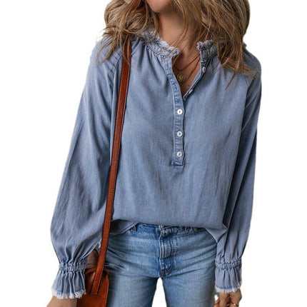 Women's Denim Tops Casual Button V Neck Puff Ruffle Sleeve Jean T Shirts