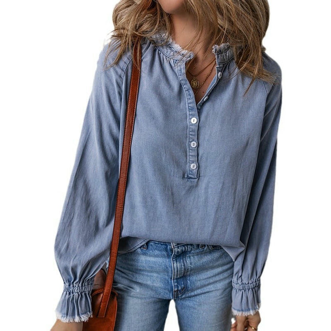 Women's Denim Tops Casual Button V Neck Puff Ruffle Sleeve Jean T Shirts