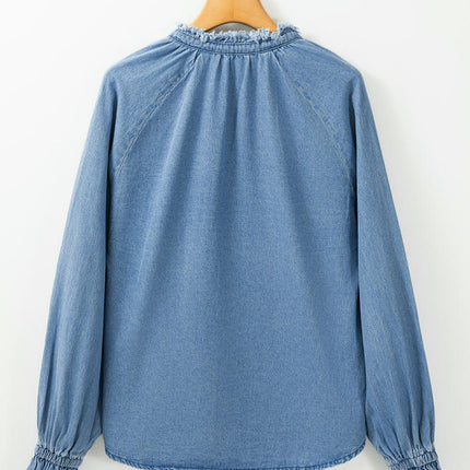 Women's Denim Tops Casual Button V Neck Puff Ruffle Sleeve Jean T Shirts