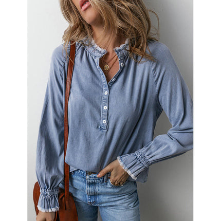 Women's Denim Tops Casual Button V Neck Puff Ruffle Sleeve Jean T Shirts