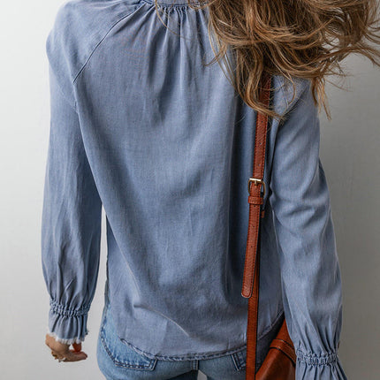Women's Denim Tops Casual Button V Neck Puff Ruffle Sleeve Jean T Shirts