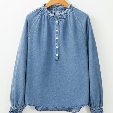 Women's Denim Tops Casual Button V Neck Puff Ruffle Sleeve Jean T Shirts