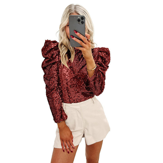 Women's Sequin Sparkle Blouse Mock Neck Puff Long Sleeve Pullover Glitter Top