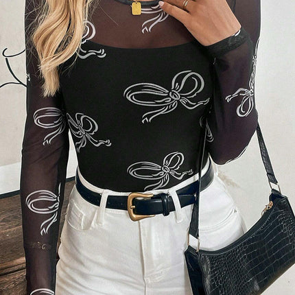 Women Mesh Top Long Sleeve See Through Shirt Sheer Crew Neck Blouse