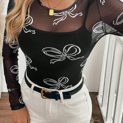 Women Mesh Top Long Sleeve See Through Shirt Sheer Crew Neck Blouse