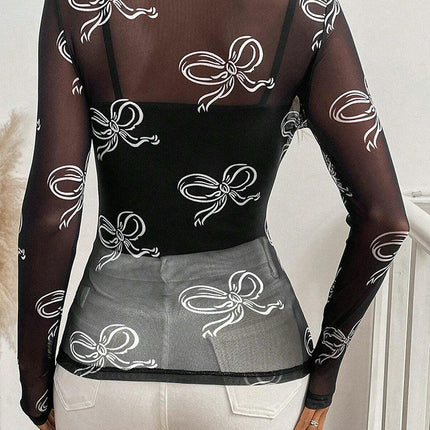 Women Mesh Top Long Sleeve See Through Shirt Sheer Crew Neck Blouse