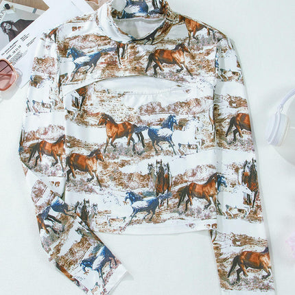 Women's Long Sleeve T Shirts Mock Neck Cut Out Slim Fit Print Crop Tops