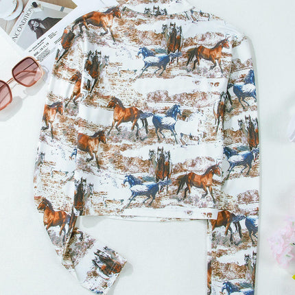 Women's Long Sleeve T Shirts Mock Neck Cut Out Slim Fit Print Crop Tops