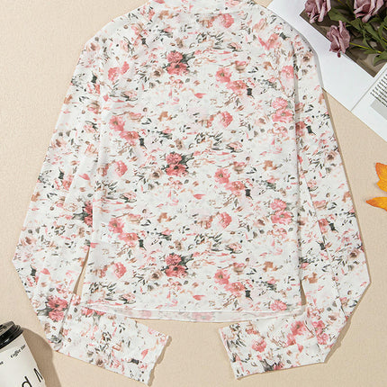 Womens Mesh Long Sleeve Tops Floral Mock Neck Slim Fitted Tee Shirts
