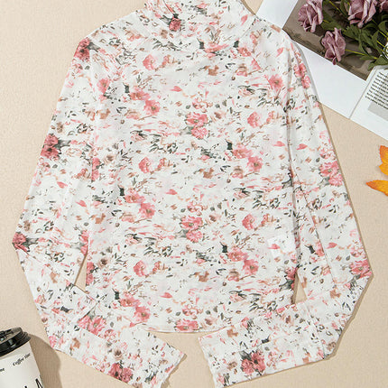 Womens Mesh Long Sleeve Tops Floral Mock Neck Slim Fitted Tee Shirts