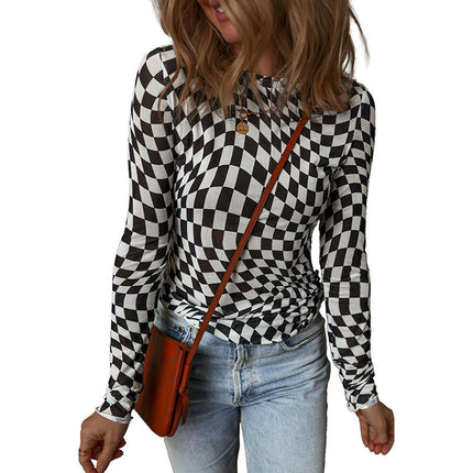 Checkered print Tops for Women Long Sleeve Crewneck Slim Fitted Tee Shirts