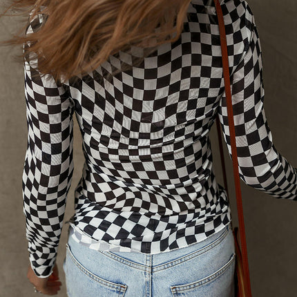 Checkered print Tops for Women Long Sleeve Crewneck Slim Fitted Tee Shirts