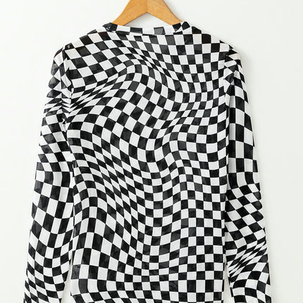 Checkered print Tops for Women Long Sleeve Crewneck Slim Fitted Tee Shirts