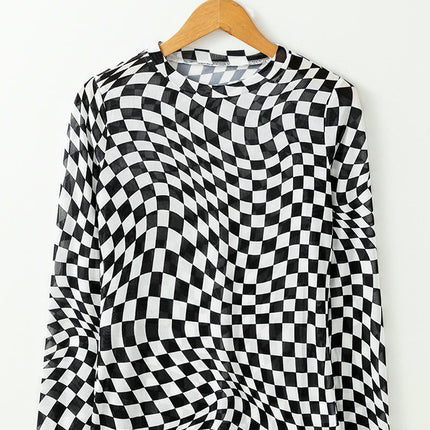 Checkered print Tops for Women Long Sleeve Crewneck Slim Fitted Tee Shirts