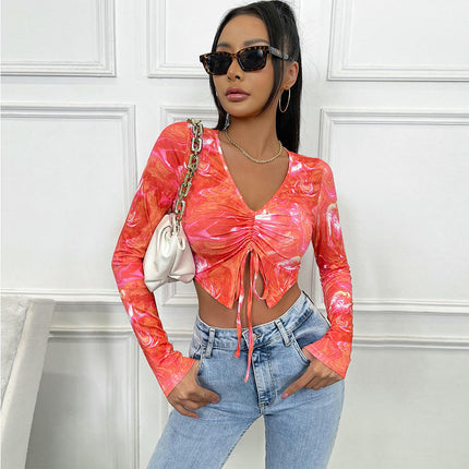 Women's V Neck T-Shirt Drawstring Long Sleeve Sexy Fitted Crop Top