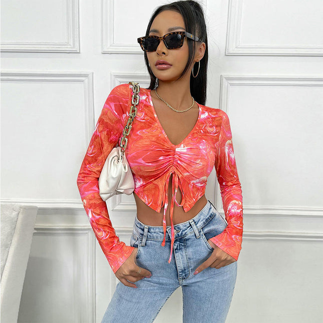 Women's V Neck T-Shirt Drawstring Long Sleeve Sexy Fitted Crop Top