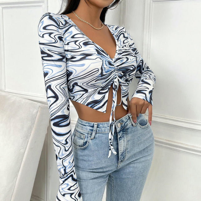 Women's V Neck T-Shirt Drawstring Long Sleeve Sexy Fitted Crop Top