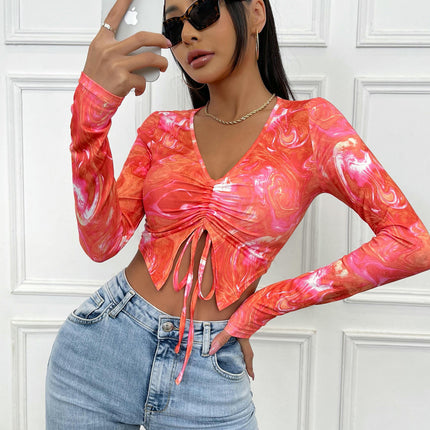 Women's V Neck T-Shirt Drawstring Long Sleeve Sexy Fitted Crop Top