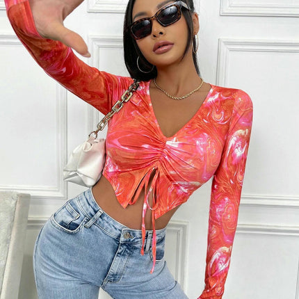 Women's V Neck T-Shirt Drawstring Long Sleeve Sexy Fitted Crop Top
