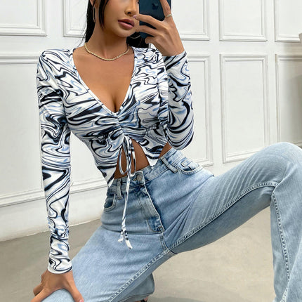 Women's V Neck T-Shirt Drawstring Long Sleeve Sexy Fitted Crop Top