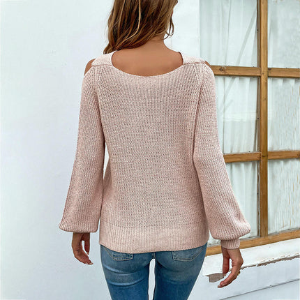 Women's Fall Sexy Criss Cross Halter Neck Cold Shoulder Tops Cutout Knit Sweater
