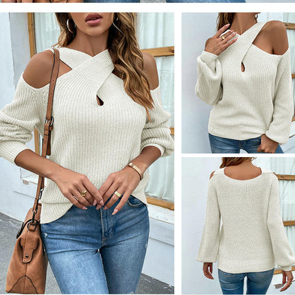 Women's Fall Sexy Criss Cross Halter Neck Cold Shoulder Tops Cutout Knit Sweater