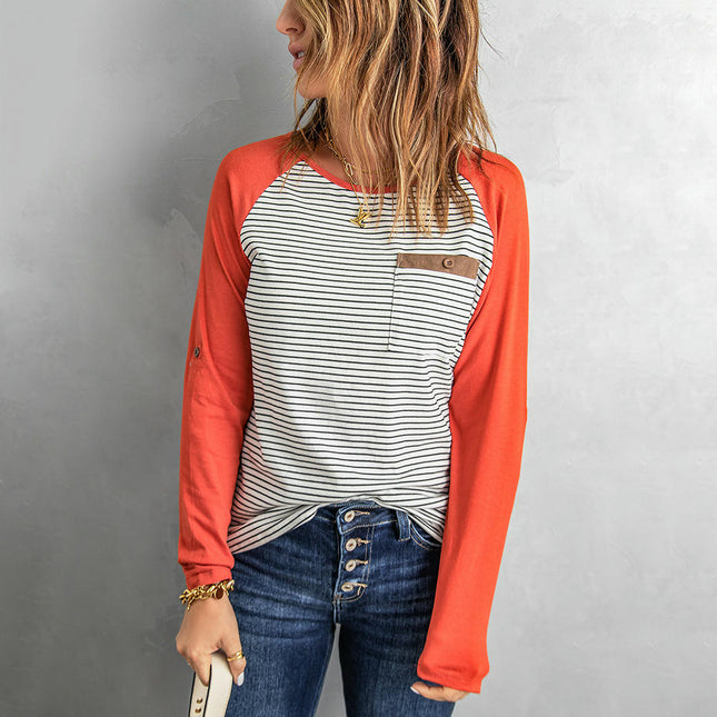 Womens Color Block Tunic Tops Long Sleeve Striped Shirts Crewneck Tops