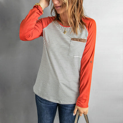 Womens Color Block Tunic Tops Long Sleeve Striped Shirts Crewneck Tops