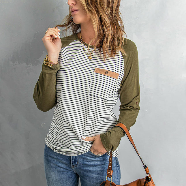 Womens Color Block Tunic Tops Long Sleeve Striped Shirts Crewneck Tops