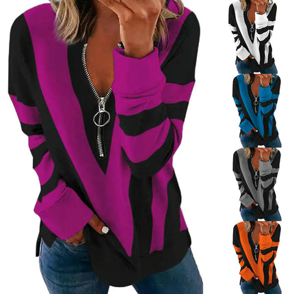 Women's Long Sleeve Shirts Zipper Color Block V Neck Tunic Tops Casual Blouse
