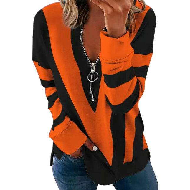 Women's Long Sleeve Shirts Zipper Color Block V Neck Tunic Tops Casual Blouse